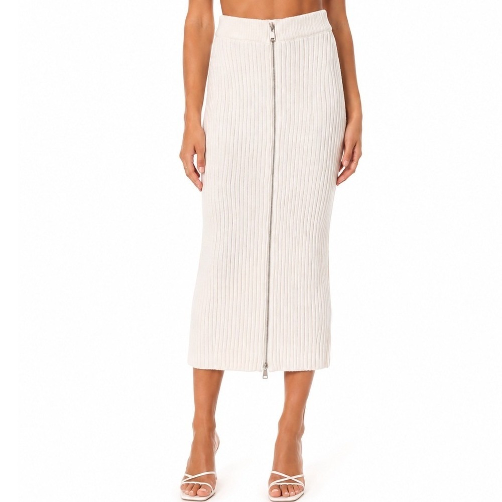 Zara Ribbed Knit Midi Skirt Women S Cream Full Zip Front Stretch Sweater New